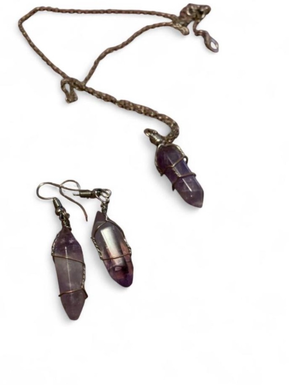 Purple Amethyst Crystal Pendant Necklace and Earring Set